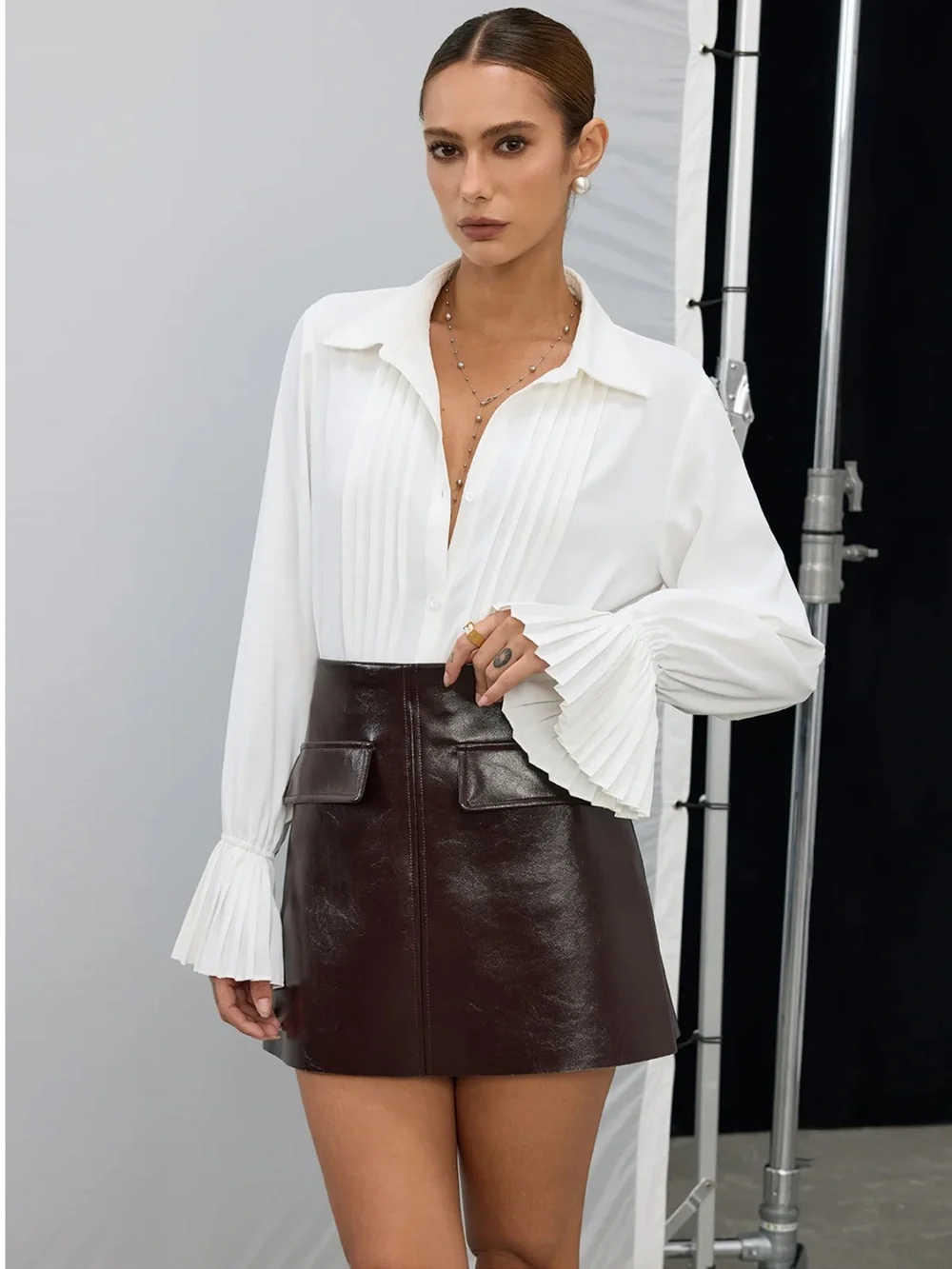 Commense White Pleated Front Button-Down Blouse with Flared Cuffs